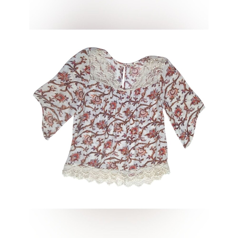 Red Camel Plus 1X Boho Floral Lace Trim Women’s Top Cream with Rust Flowers